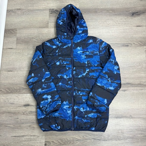 Under Armour Pronto Puffer Jacket Blue Camo Youth XL Full Zip Winter Coat Hooded - Picture 1 of 9